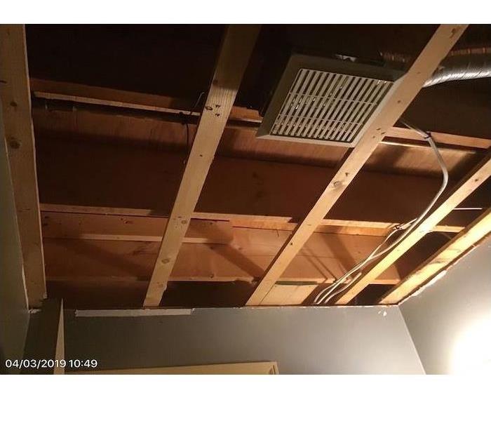 ceiling removed from rafters to remove mold laden drywall